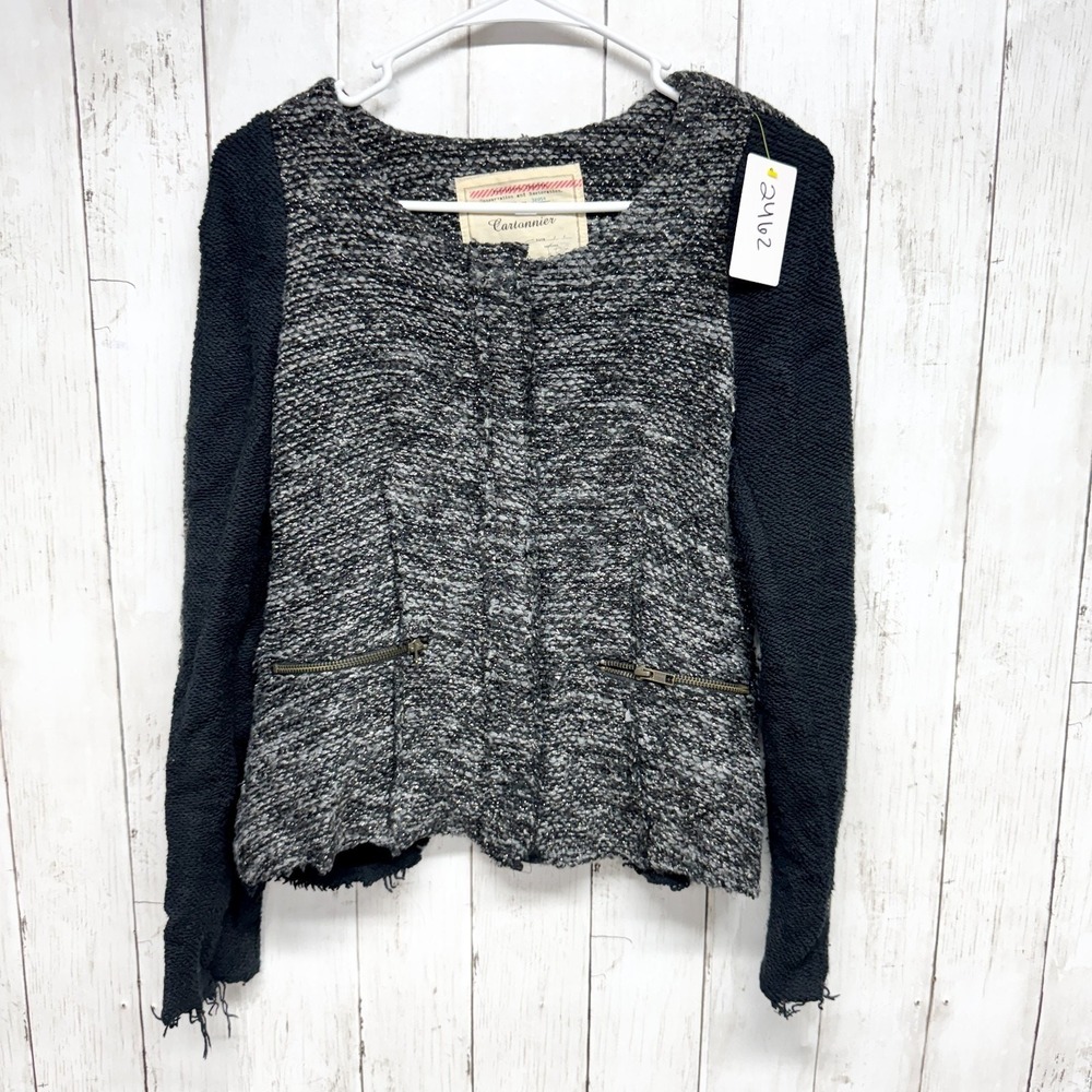 Cartonnier‎ Jacket Women Size Small Black Gray Lurex Knit Tweed Sweater Blazer